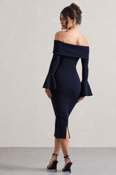 Navy Bardot Flared-Sleeve Midi Dress